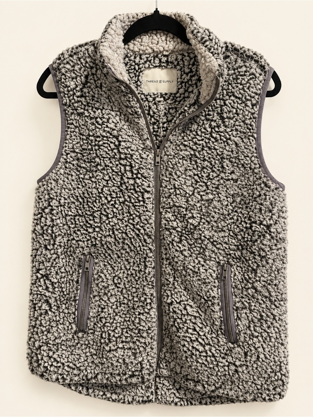 Thread & Supply Gray Sherpa Zip Front Vest Medium